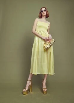 Glamorous Sabrina Smocked Empire-Line Midi Dress -Lemon -Cheap Softly Dressed Store 01f751f7 7f75 4a55 8e25 ff622be719b1