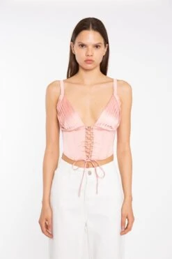 Glamorous Coral Pink Pleated Bust Lace-Up Corset-Top