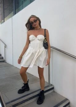 Glamorous Kimberly Bandeau Boned Mini Dress -Cream Brocade