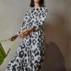 Glamorous Black White Leopard Midi Long Sleeve Wrap Dress