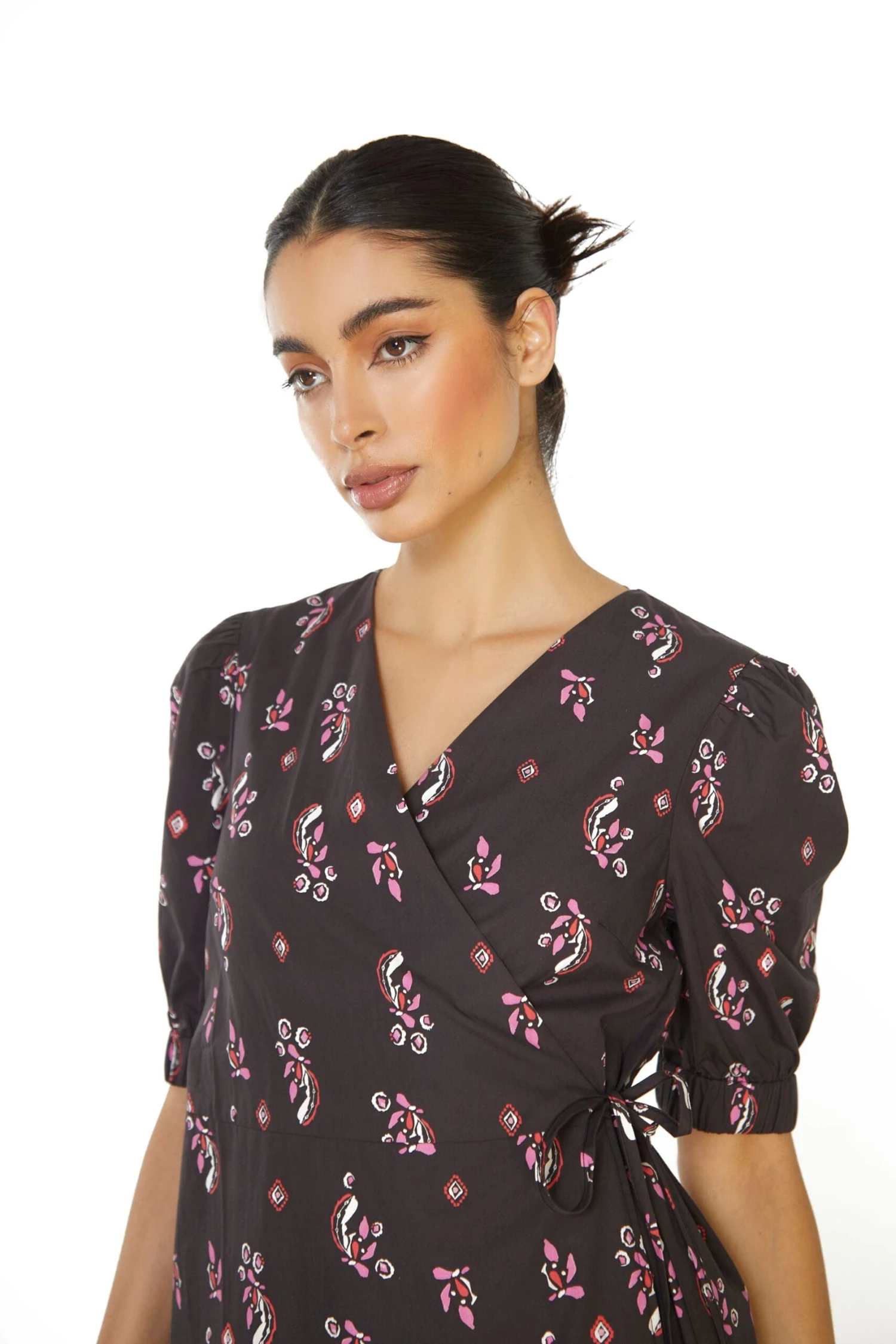 Glamorous Black Pink Motif Wrap Midi Dress 2 Glamorous Black Pink Motif Wrap Midi Dress - Image 2