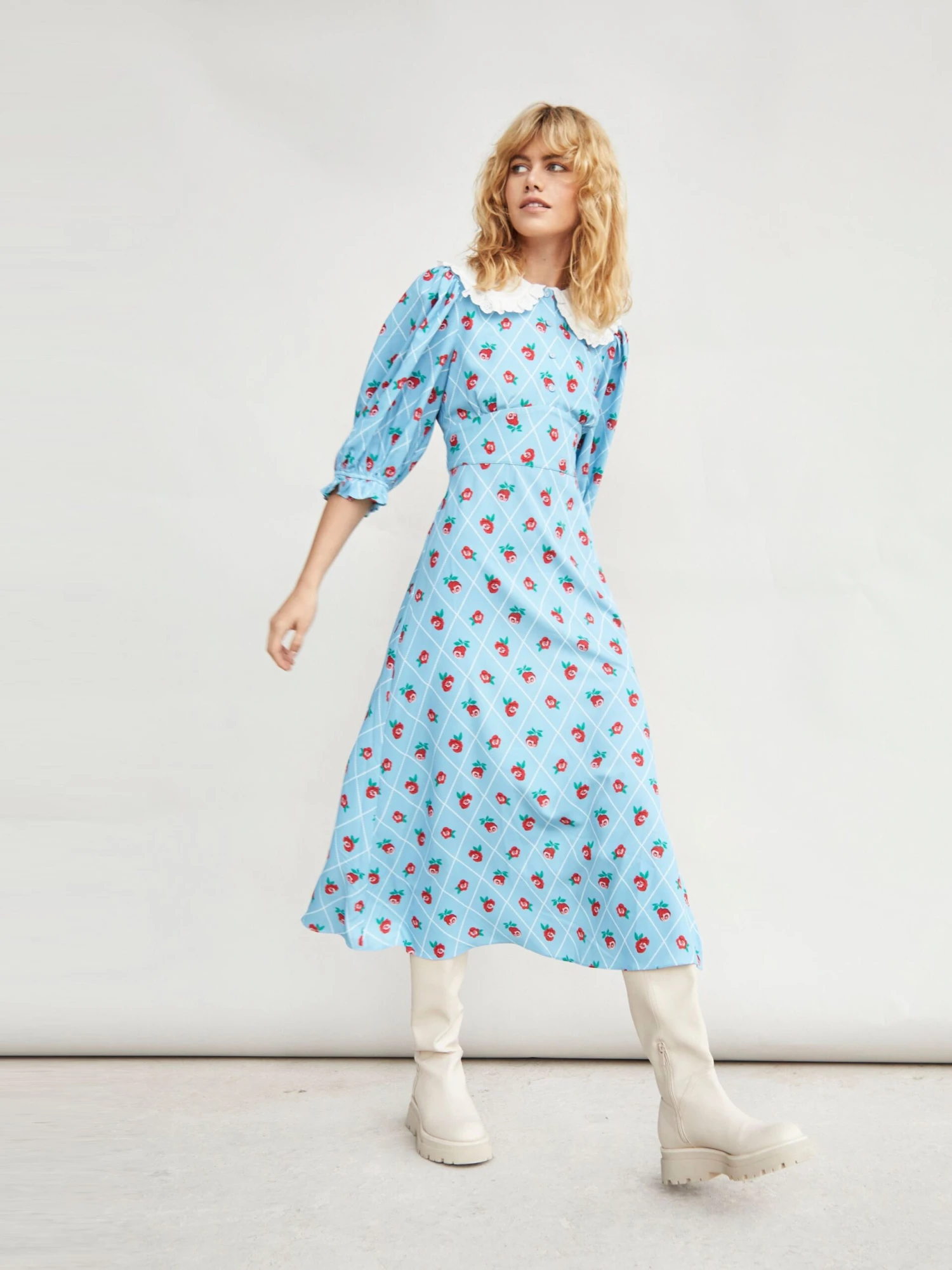 Glamorous Rose Trellis Pattern White Collar Midi Dress 1 Glamorous Rose Trellis Pattern White Collar Midi Dress