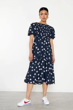 Glamorous Navy Hibiscus Short Sleeve Midi Dress