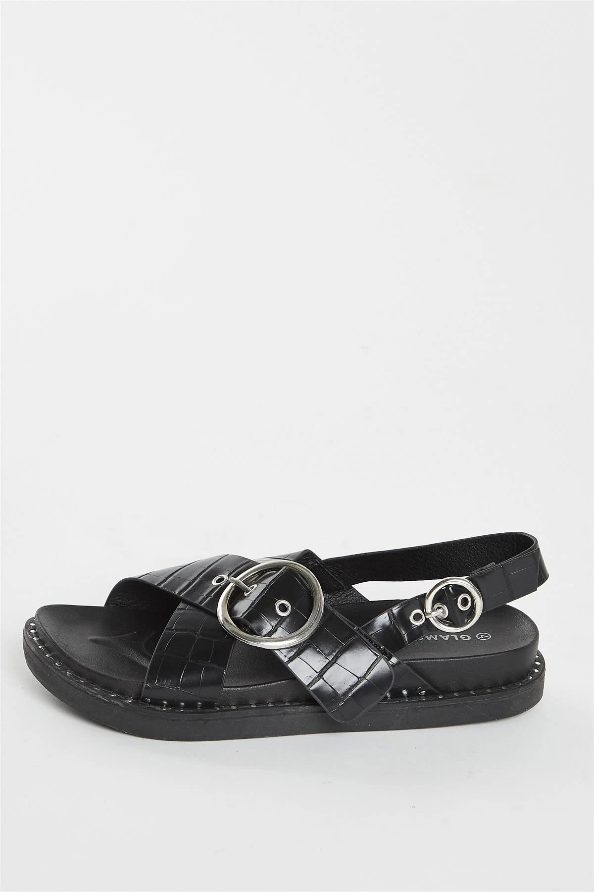 Glamorous Black Croc Cross Over Sandal 2 Glamorous Black Croc Cross Over Sandal - Image 2