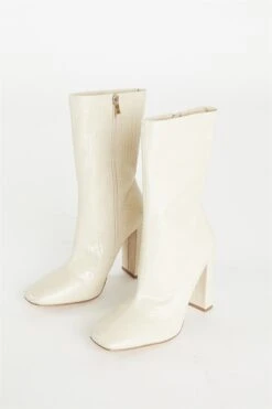 Glamorous Nude Croc Print Calf High Heeled Boot
