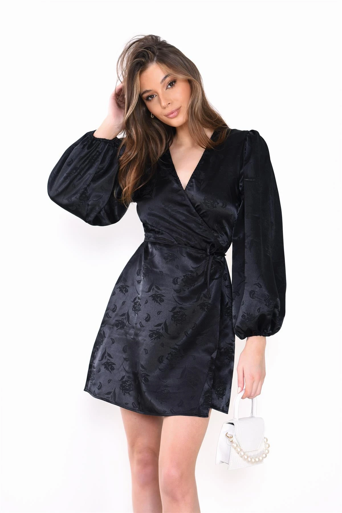 Glamorous Black-Satin Jacquard Wrap Mini-Dress 1 Glamorous Black-Satin Jacquard Wrap Mini-Dress