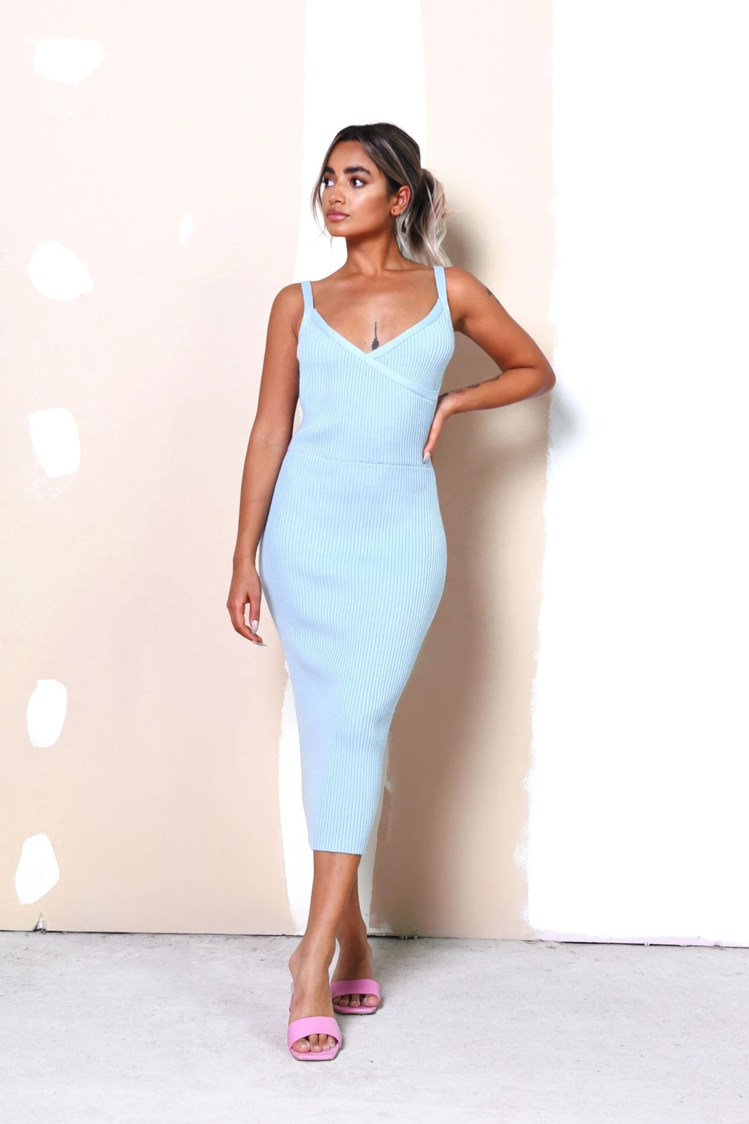 Glamorous Care Light Blue Ribbed Midi Dress 3 Glamorous Care Light Blue Ribbed Midi Dress - Image 3