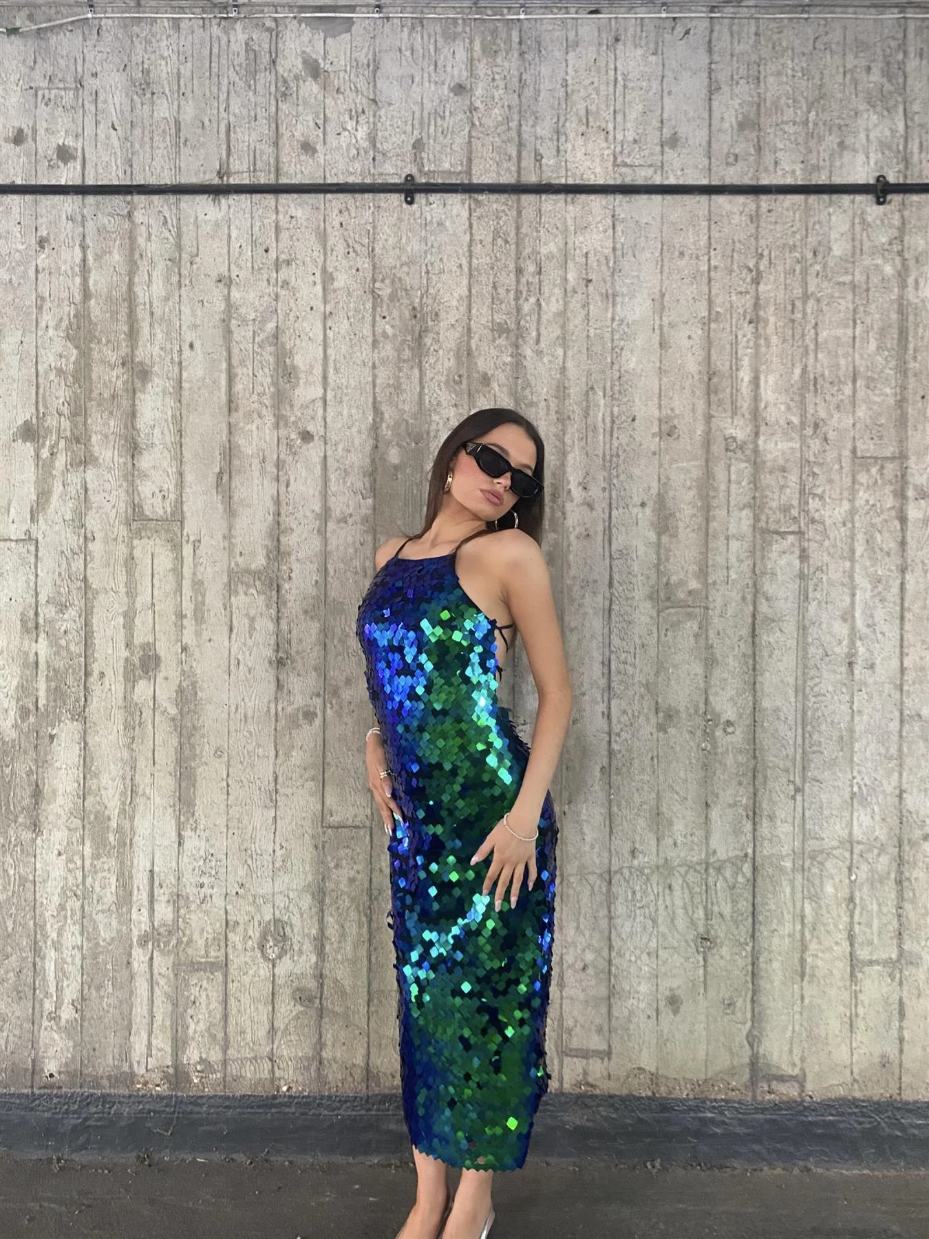 Glamorous Taylor Lace-Up Back Halterneck Midi Dress -Cobalt Sequin-Mix 6 Glamorous Taylor Lace-Up Back Halterneck Midi Dress -Cobalt Sequin-Mix - Image 6