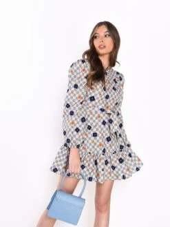 Glamorous Blue Check Flower Tie Waist Mini Dress -Cheap Softly Dressed Store 3a2ea9c62777198ef365f319c966bbed