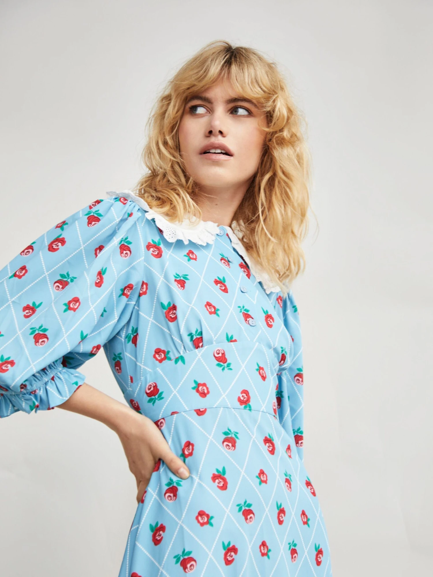 Glamorous Rose Trellis Pattern White Collar Midi Dress 2 Glamorous Rose Trellis Pattern White Collar Midi Dress - Image 2