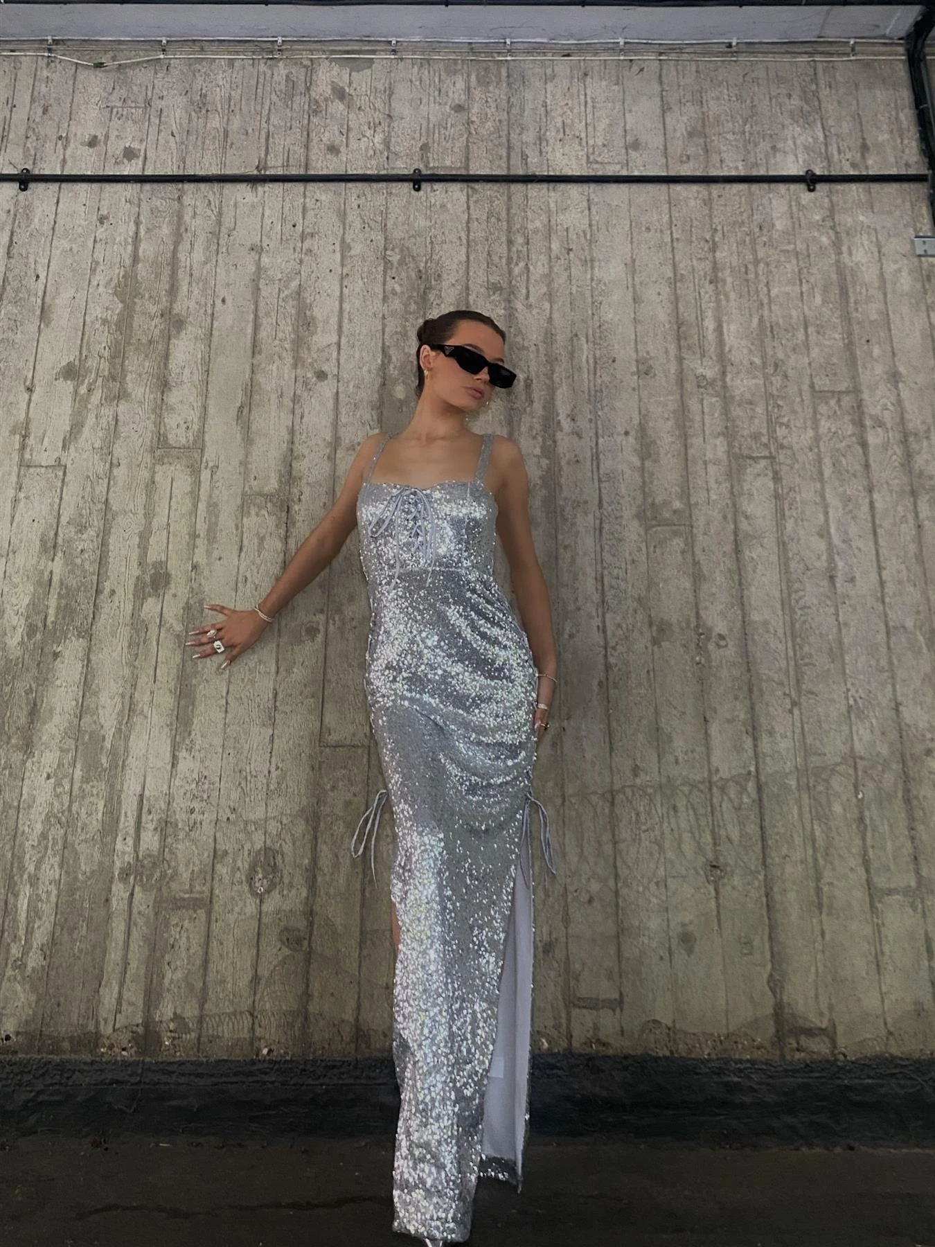 Glamorous Kylie Lace-Up Midaxi Dress - Silver 3 Glamorous Kylie Lace-Up Midaxi Dress - Silver - Image 3