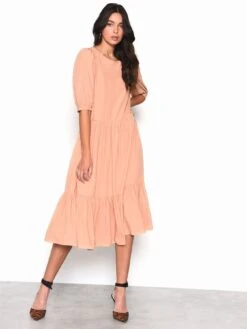 Glamorous Peach Long Sleeve Puff Midi Dress