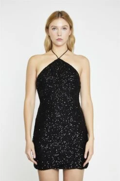 Glamorous Black Mini-Sequin Halter-neck Mini-Dress