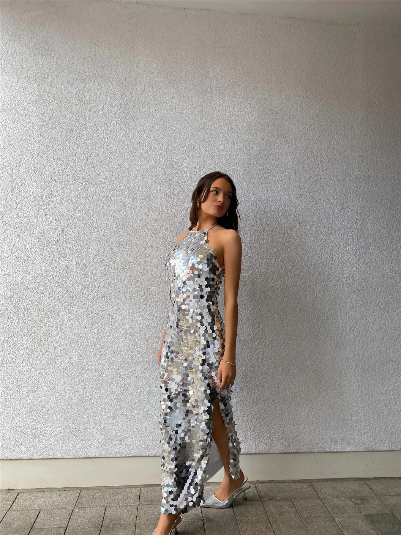 Glamorous Selena Halterneck Sequin Maxi Dress -Silver 1 Glamorous Selena Halterneck Sequin Maxi Dress -Silver
