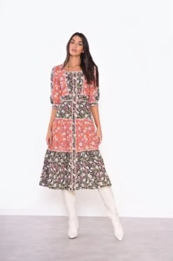Glamorous Mixed-Folk Poplin Square-Neck Midi-Dress