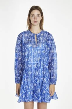 Glamorous Blue-Tile Organza Oversized Swing Mini-Dress