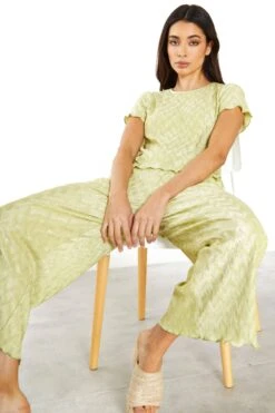 Glamorous Green Plisse Lettuce Hem Relaxed Trousers