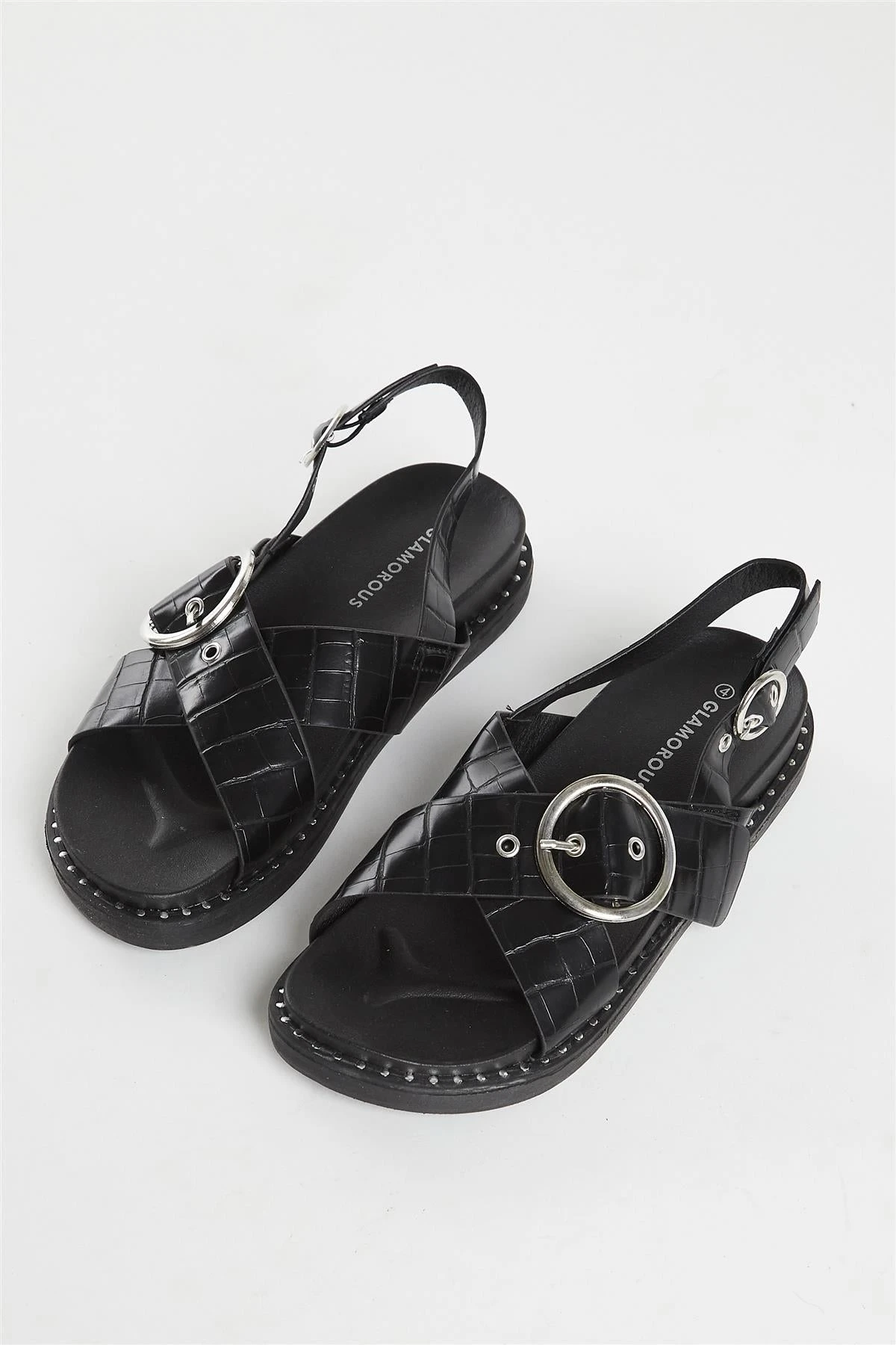 Glamorous Black Croc Cross Over Sandal 1 Glamorous Black Croc Cross Over Sandal