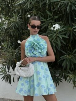 Glamorous Rosie Corsage Skater Mini-Dress -Mint-Blue Floral