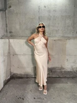 Glamorous Peach-Nude Satin Gathered Cross Front Halterneck Midaxi-Dress