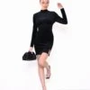 Glamorous Black Textured Velvet High Neck Side Split Mini Dress