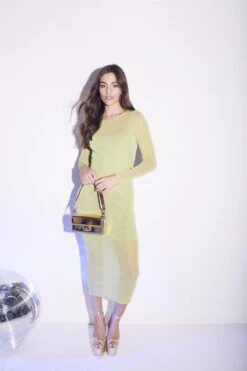 Glamorous Bailee Long-Sleeve Bodycon Midaxi-Dress - Green Glitter Mesh
