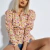Glamorous Bold Multi Flower Puff Shoulder Belted Blouse