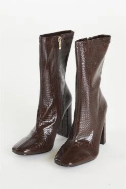 Glamorous Brown Croc Calf High Heeled Boot