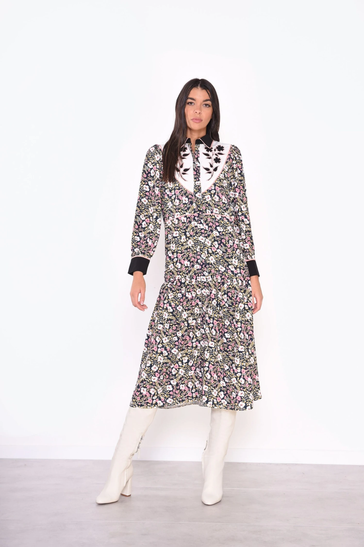 Glamorous Navy Folk Floral Black Collar Midi Dress 1 Glamorous Navy Folk Floral Black Collar Midi Dress