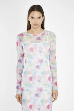 Glamorous Watercolour-Floral Mesh Long Sleeve Midi-Dress