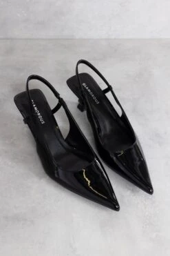 Glamorous Black Patent Sling-back Flared Mid Heels