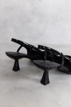 Glamorous Black Patent Sling-back Flared Mid Heels -Cheap Softly Dressed Store 956A9402 2