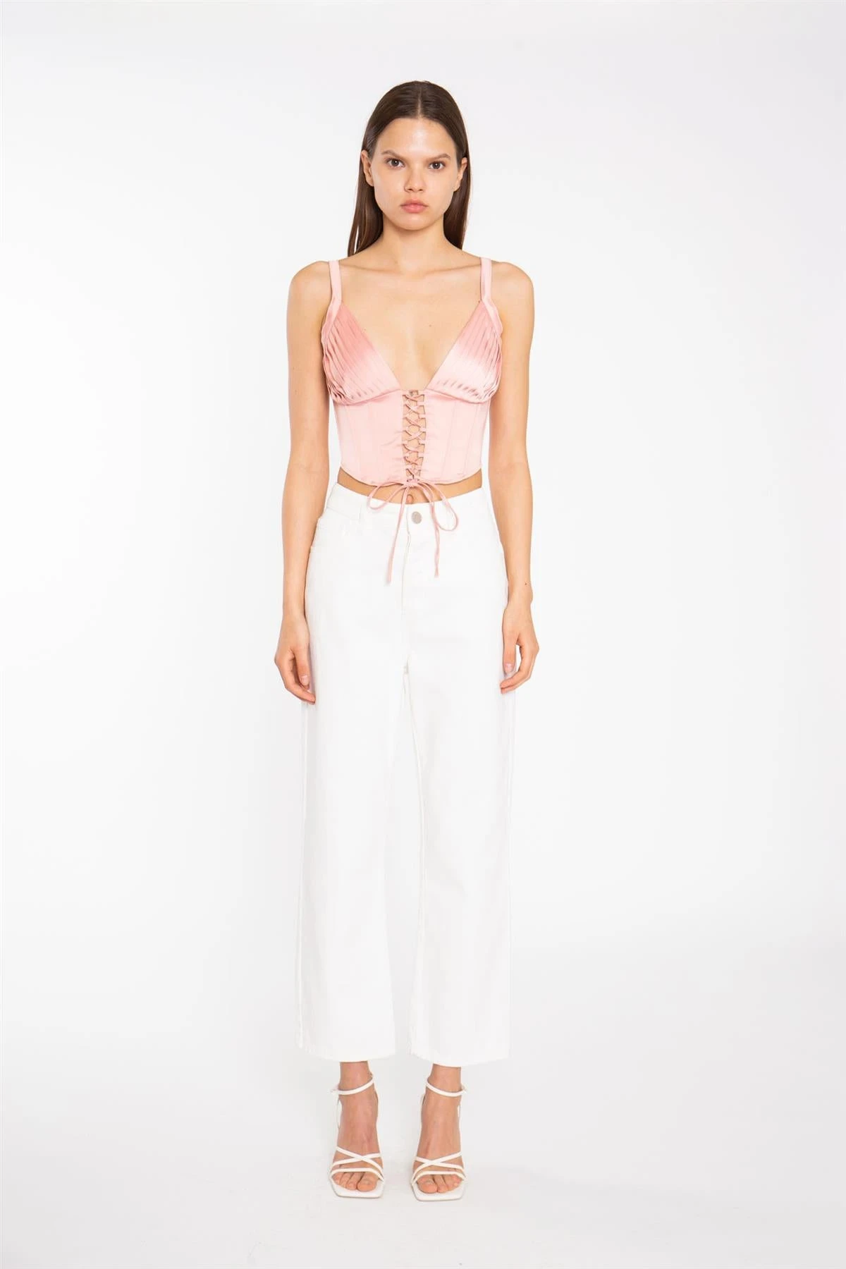 Glamorous Coral Pink Pleated Bust Lace-Up Corset-Top 3 Glamorous Coral Pink Pleated Bust Lace-Up Corset-Top - Image 3