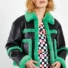 Glamorous Black Green Cropped Shearling Trim Coat