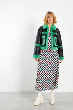 Glamorous Black Green Cropped Shearling Trim Coat -Cheap Softly Dressed Store AC3320A BX25 03