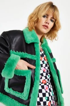 Glamorous Black Green Cropped Shearling Trim Coat -Cheap Softly Dressed Store AC3320A BX25 04