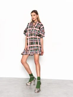 Glamorous Green Check Puff Sleeve Mini Smock Dress -Cheap Softly Dressed Store AC3367 3