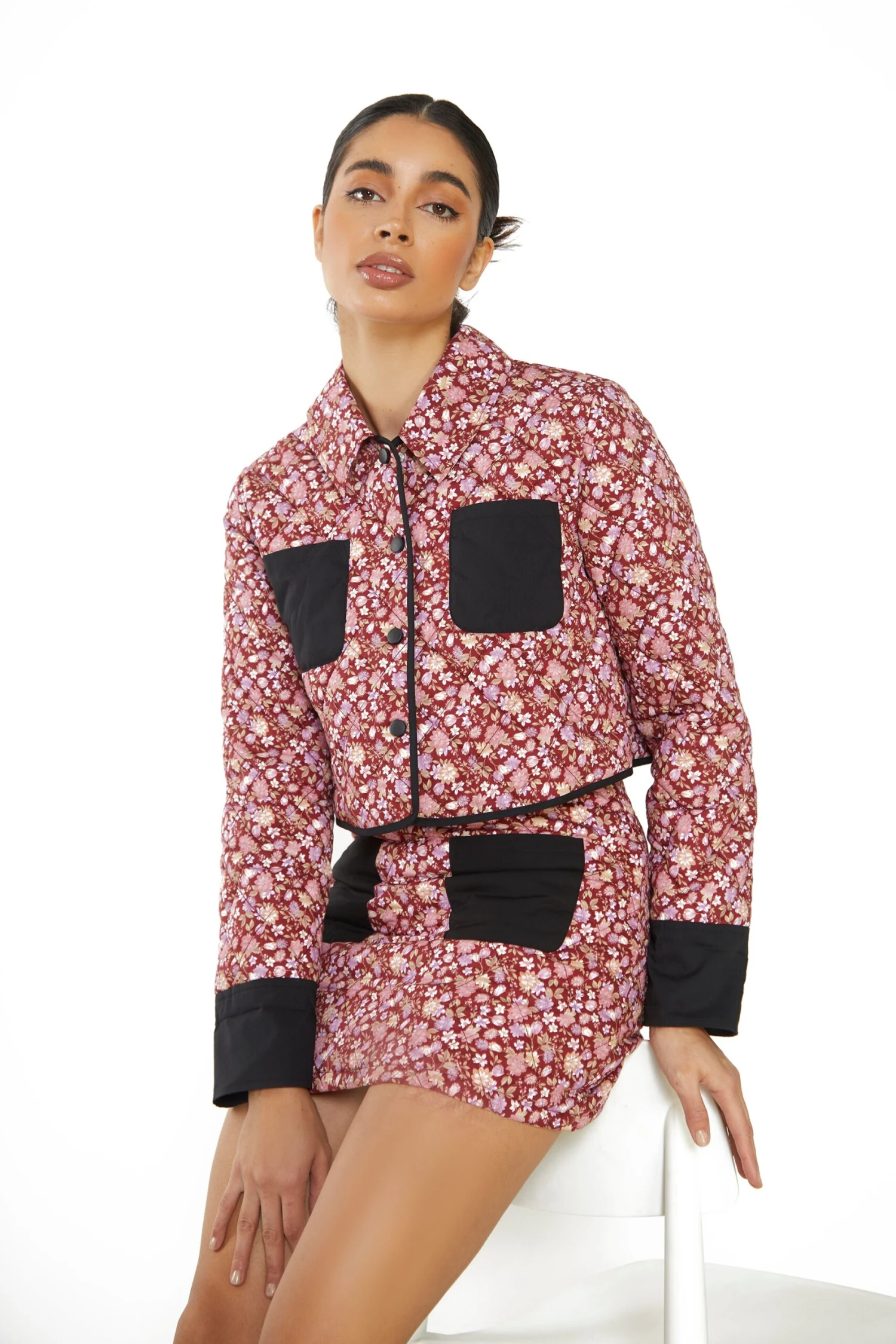 Glamorous Burgundy Chintz Black Button Front Padded Crop Jacket 1 Glamorous Burgundy Chintz Black Button Front Padded Crop Jacket