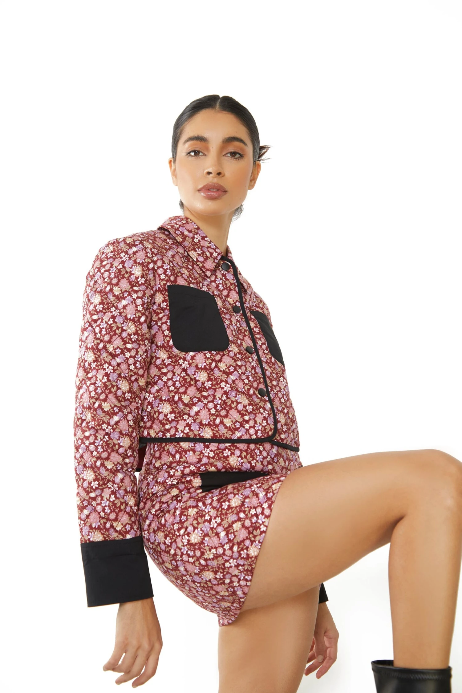 Glamorous Burgundy Chintz Black Button Front Padded Crop Jacket 3 Glamorous Burgundy Chintz Black Button Front Padded Crop Jacket - Image 3