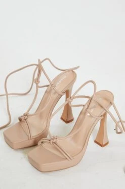 Glamorous Nude Lace Up Flared Heels