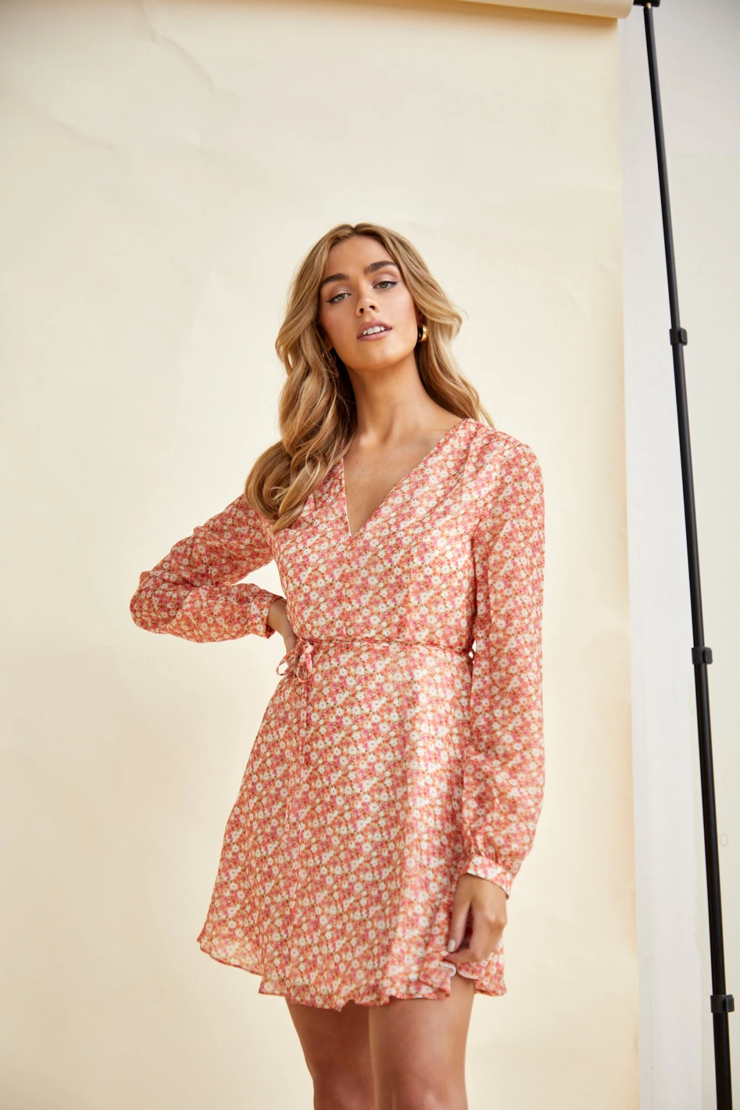 Glamorous Low V-Neck Mini Dress With Long Sleeves & Waist Tie 1 Glamorous Low V-Neck Mini Dress With Long Sleeves & Waist Tie