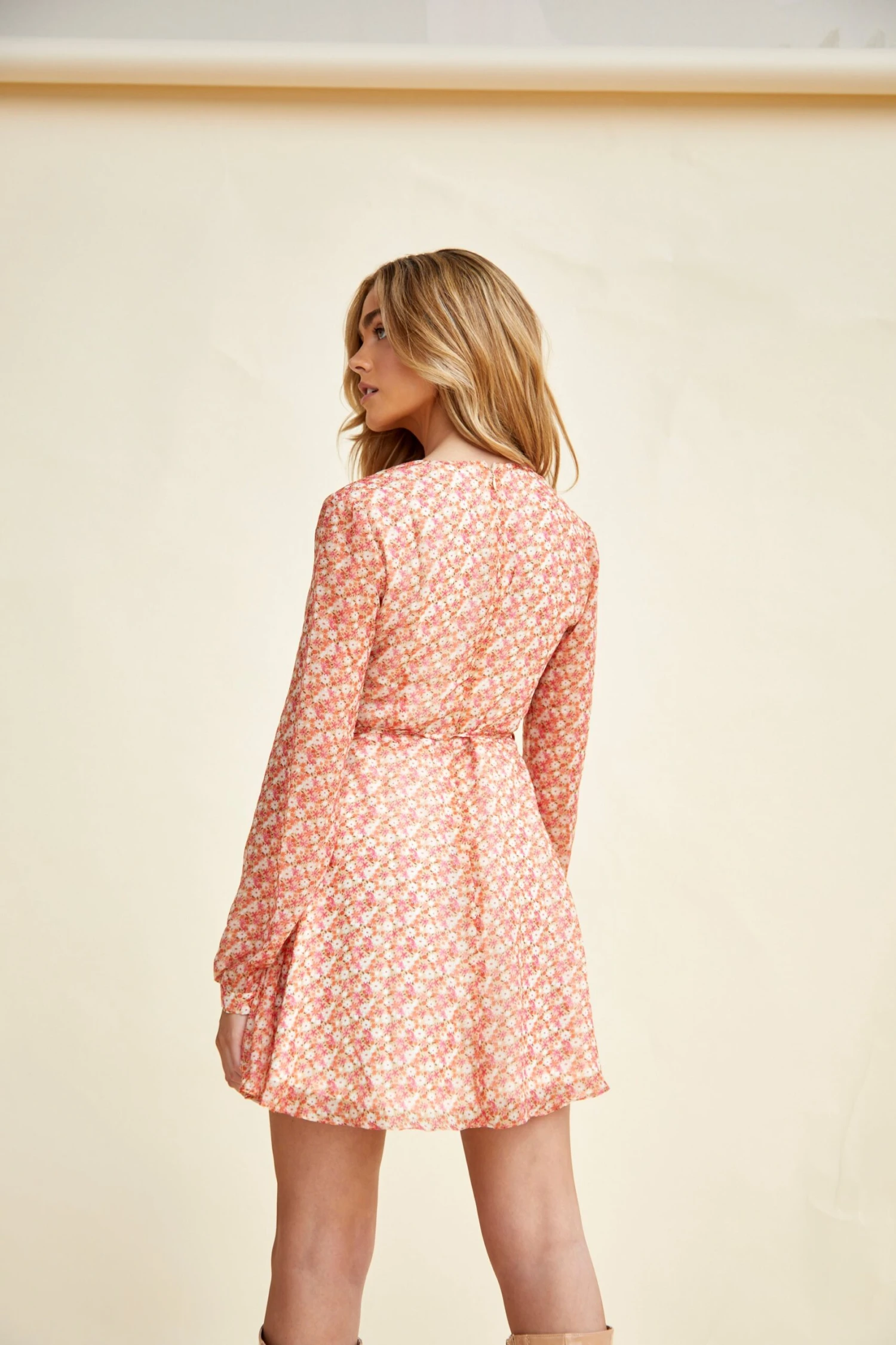 Glamorous Low V-Neck Mini Dress With Long Sleeves & Waist Tie 2 Glamorous Low V-Neck Mini Dress With Long Sleeves & Waist Tie - Image 2