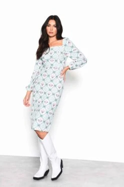 Glamorous Green Floral Gingham Square Neck Midi Dress With Centre Back Split -Cheap Softly Dressed Store AN3974 CP81 03