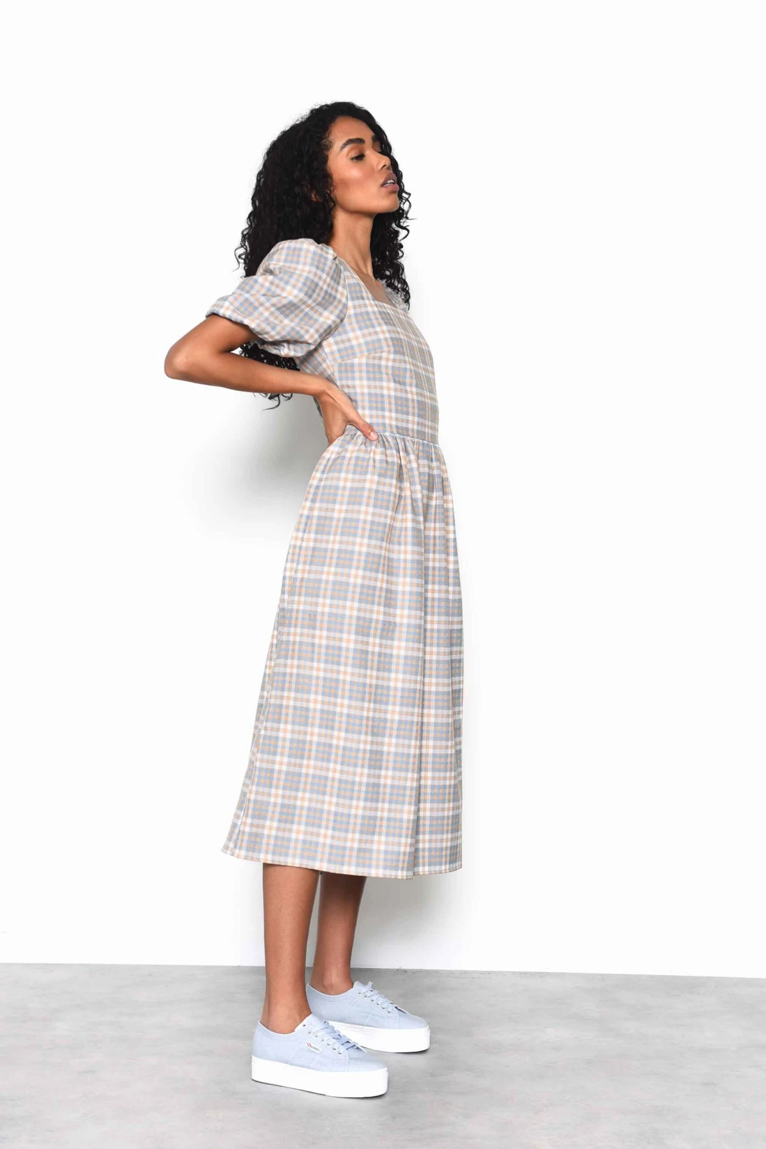 Glamorous Light Blue Multi Check Square Neck Puff Sleeve Midi Dress 3 Glamorous Light Blue Multi Check Square Neck Puff Sleeve Midi Dress - Image 3