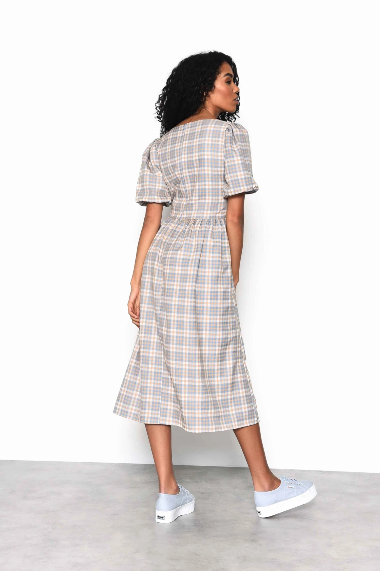 Glamorous Light Blue Multi Check Square Neck Puff Sleeve Midi Dress 2 Glamorous Light Blue Multi Check Square Neck Puff Sleeve Midi Dress - Image 2
