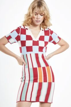 Glamorous Red Multi Graphic Knit V Neck Mini Dress