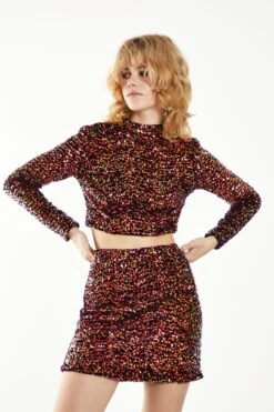 Glamorous Pink Sequin Velvet Skinny Fit High Neck Top -Cheap Softly Dressed Store AN4314 CZ31 01