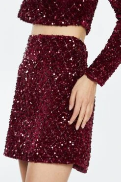 Glamorous Port-Red Velvet-Sequin Mini-Skirt -Cheap Softly Dressed Store AN4315A DK36 04