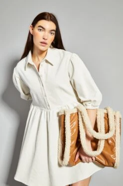 Glamorous Cream Corduroy Puff Sleeve Skater Shirt Dress -Cheap Softly Dressed Store AN4381 CK98 04