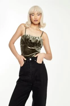 Glamorous Dark Olive Velvet Ruched Cami Top -Cheap Softly Dressed Store AN4389 DC89 03